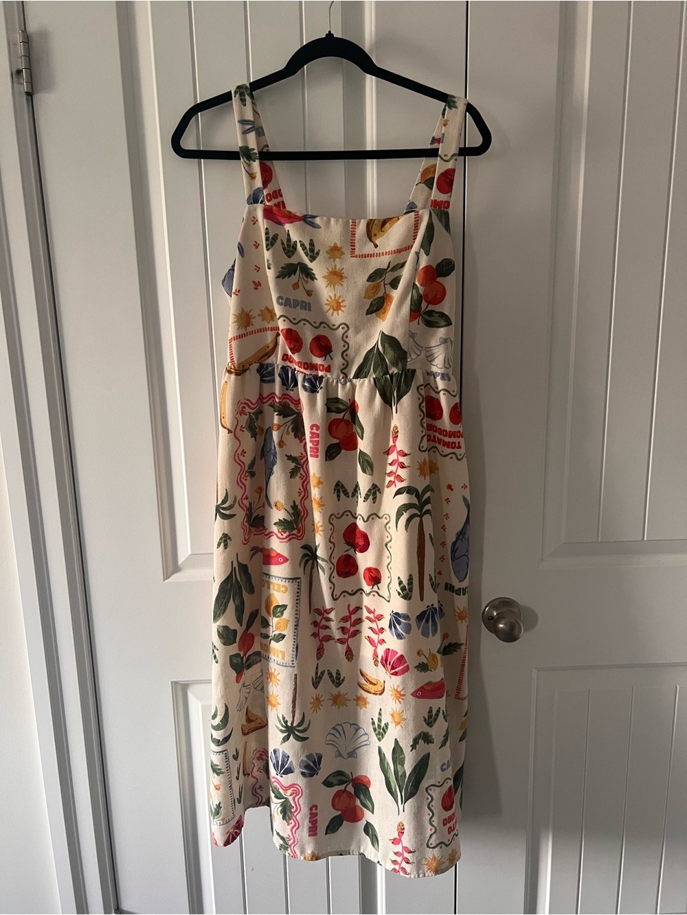 Square Neck Cream Midi Dress with Multicolour Botanical Coastal Italian Print - Picture 3 of 7